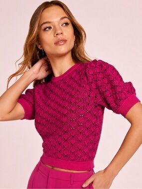 Amanda Uprichard Fuchsia Pointelle Knit Puff Sleeve Cropped Preppy Sweater XS